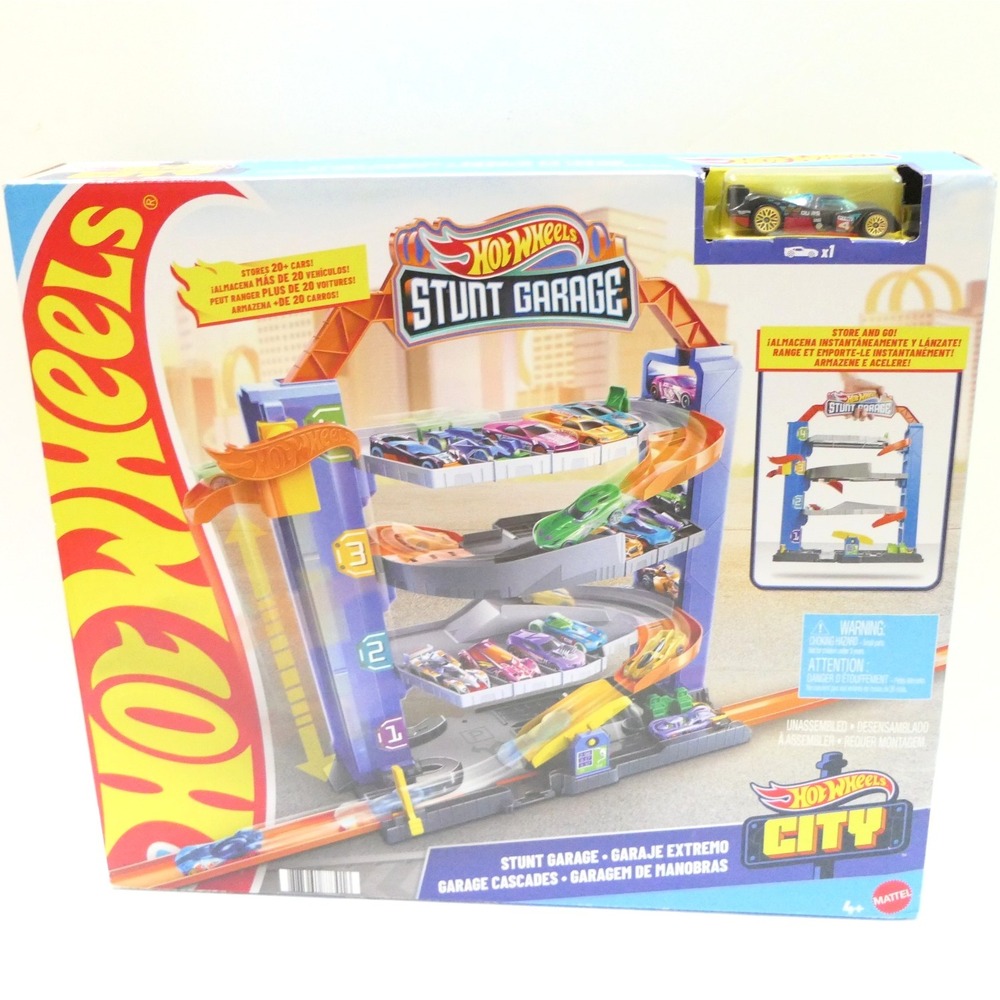 Hot Wheels City Stunt Garage Play Set w/ 1 Race Car, Store & Go! Holds 20 Cars